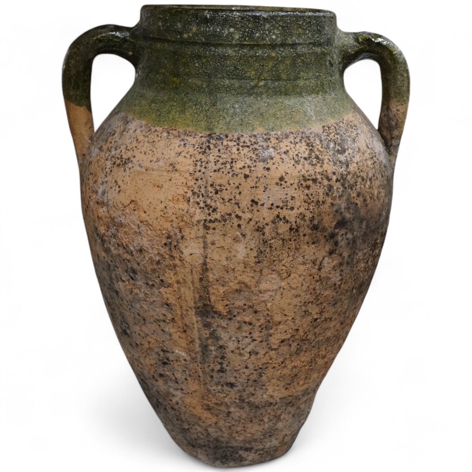 Greek pottery two handled urn, with green glazed stripe, 40cm high.